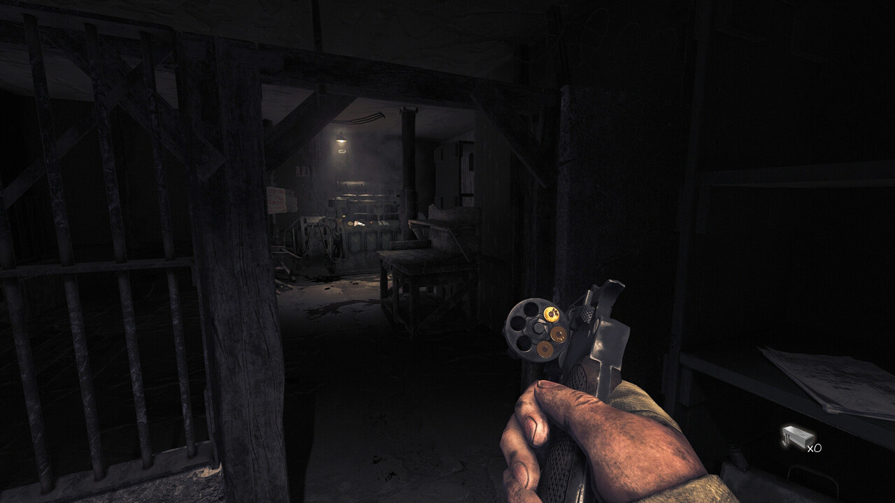 Screenshot showing that you will have a gun at your disposal in Amnesia: The Bunker.