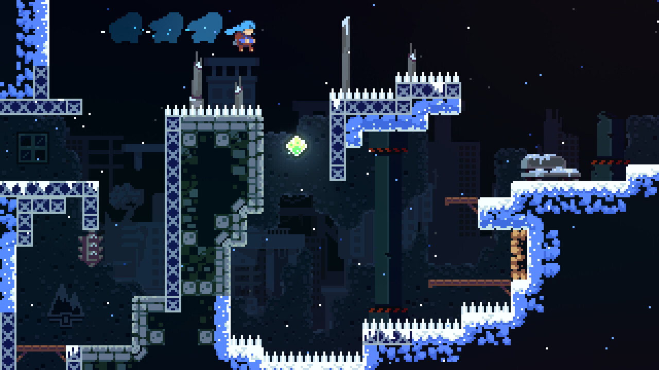 Gameplay screenshot of the game Celeste, with the main character doing some platforming action.