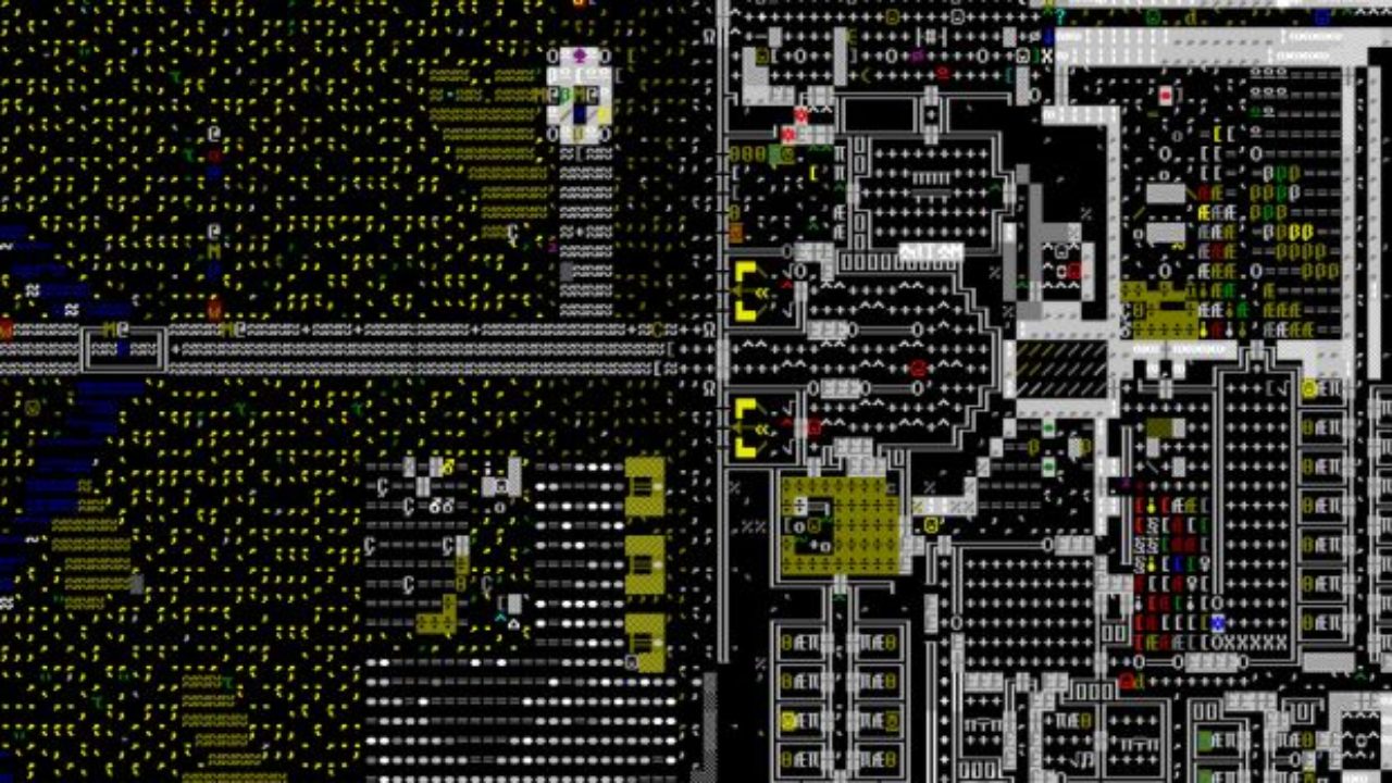 Screenshot from the old Dwarf Fortress version with ASCII graphics.