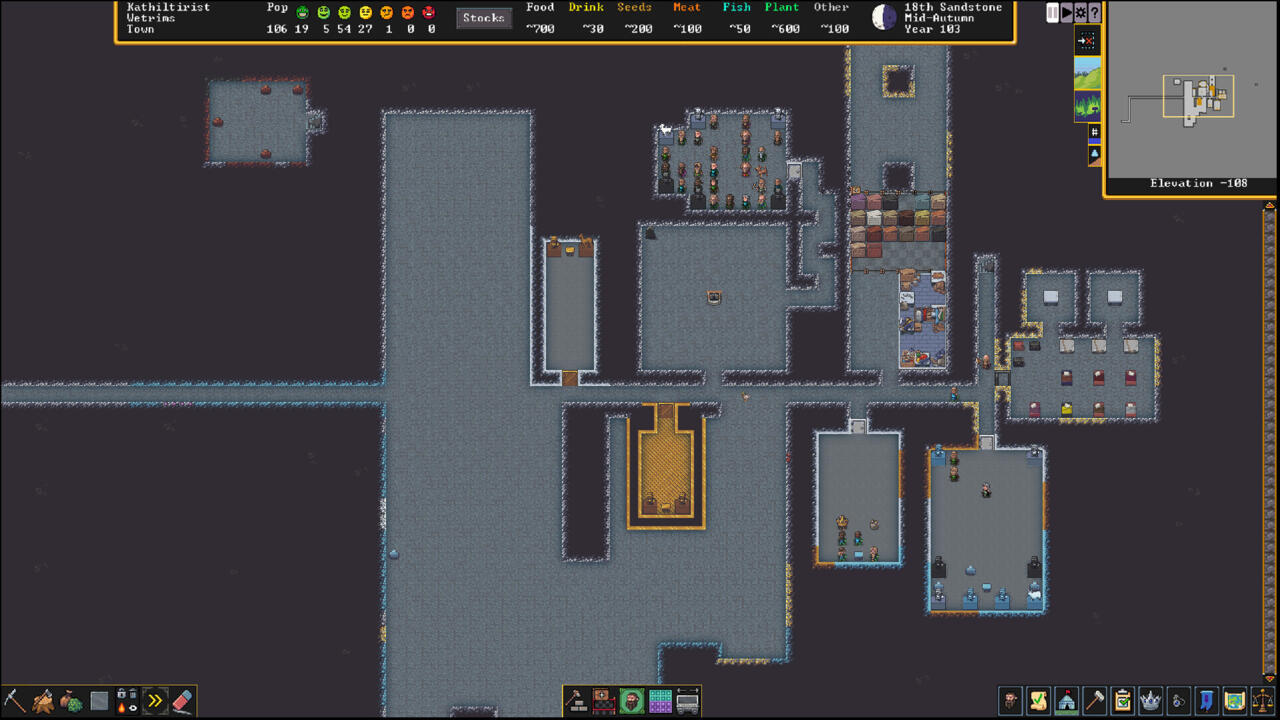 Gameplay screenshot of Dwarf Fortress Steam version.