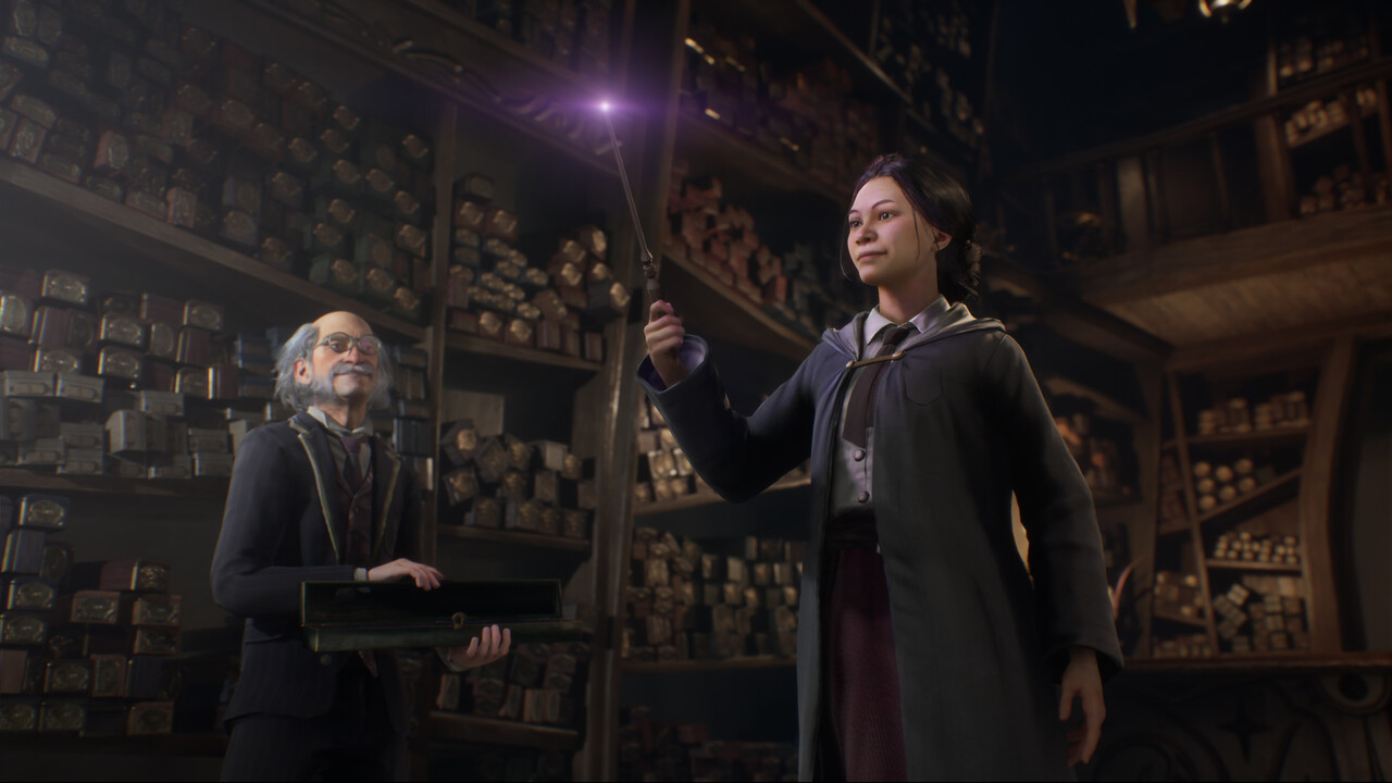 Screenshot of a player character picking out a wand in Hogwarts Legacy.