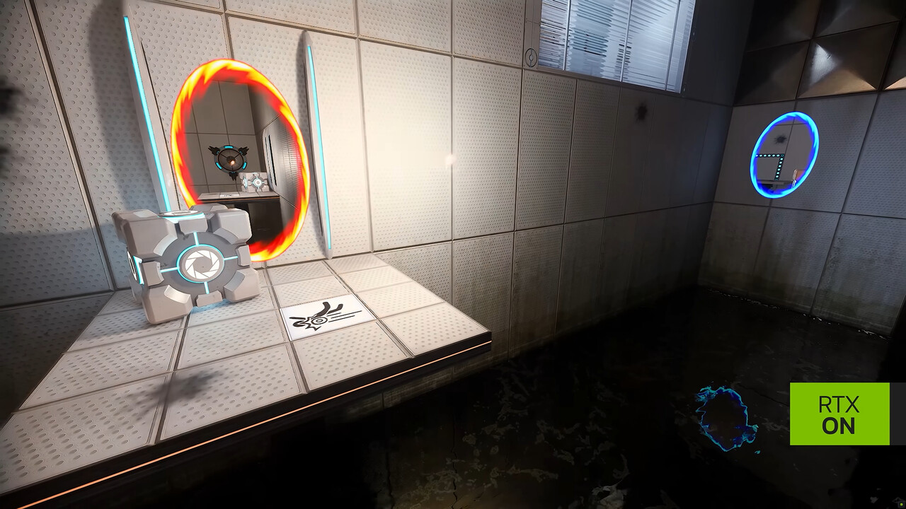 A gameplay screenshot of Portal RTX with the RTX On logo on screen.