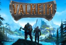 Logo for Valheim with two Vikings preparing to embark on their adventures.