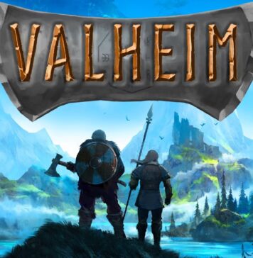 Logo for Valheim with two Vikings preparing to embark on their adventures.