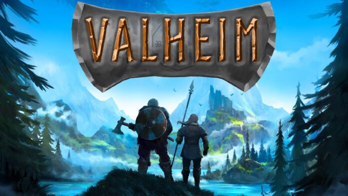 Logo for Valheim with two Vikings preparing to embark on their adventures.