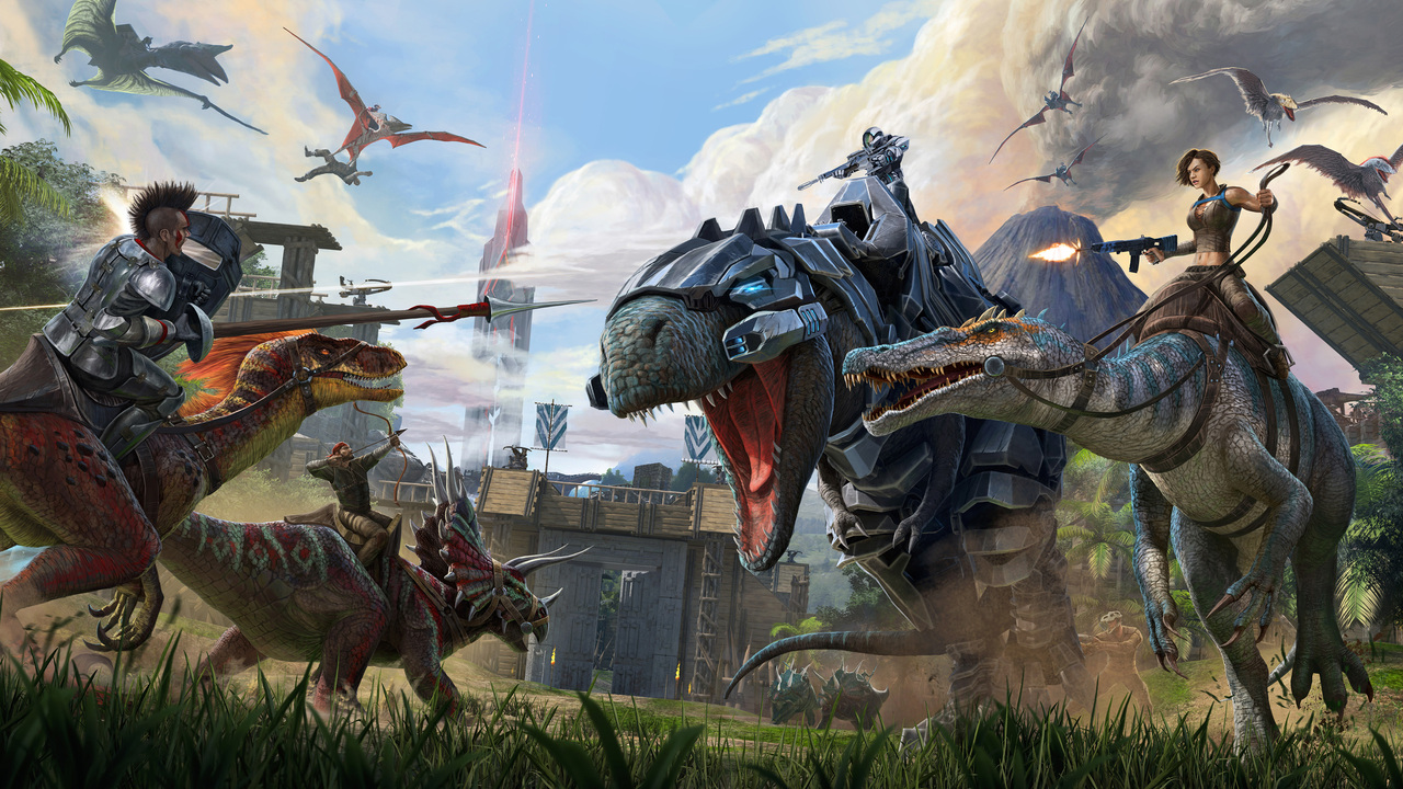 Concept art for two teams duking it out in Ark: Survival Evolved.