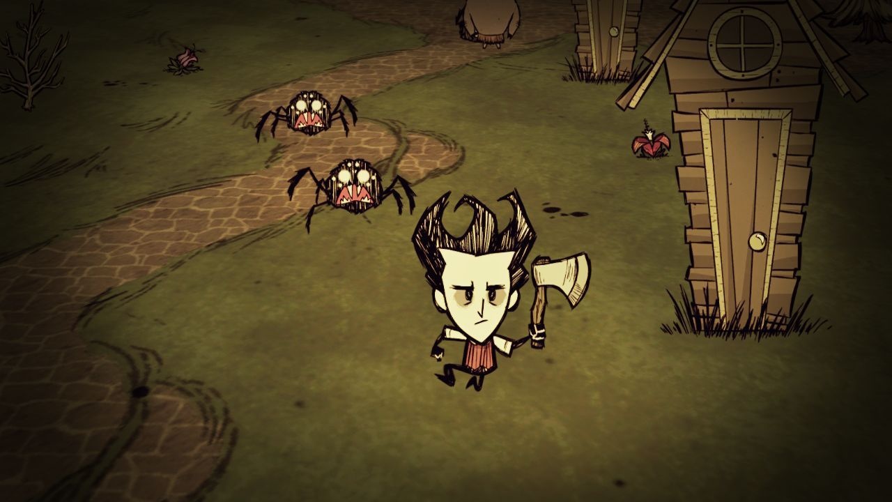 Main character being chased by spiders in Don't Starve.