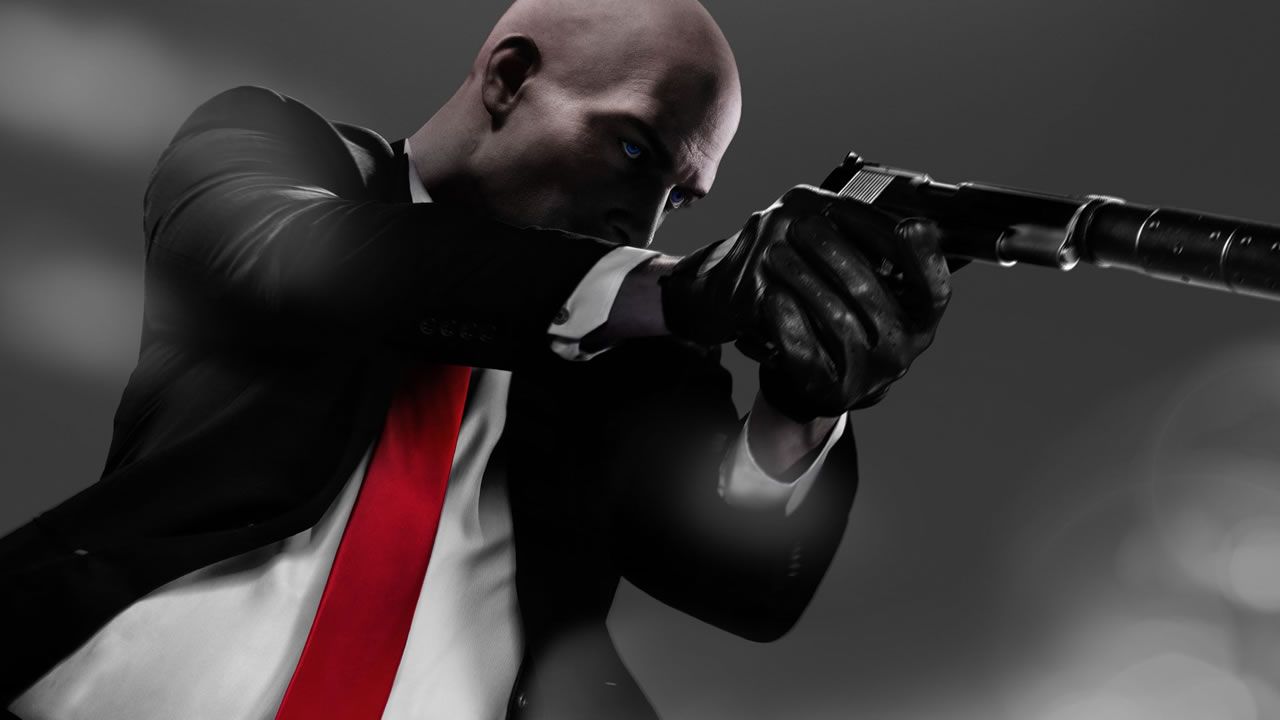 Concept art of Agent 47 wielding his iconic silenced pistol.