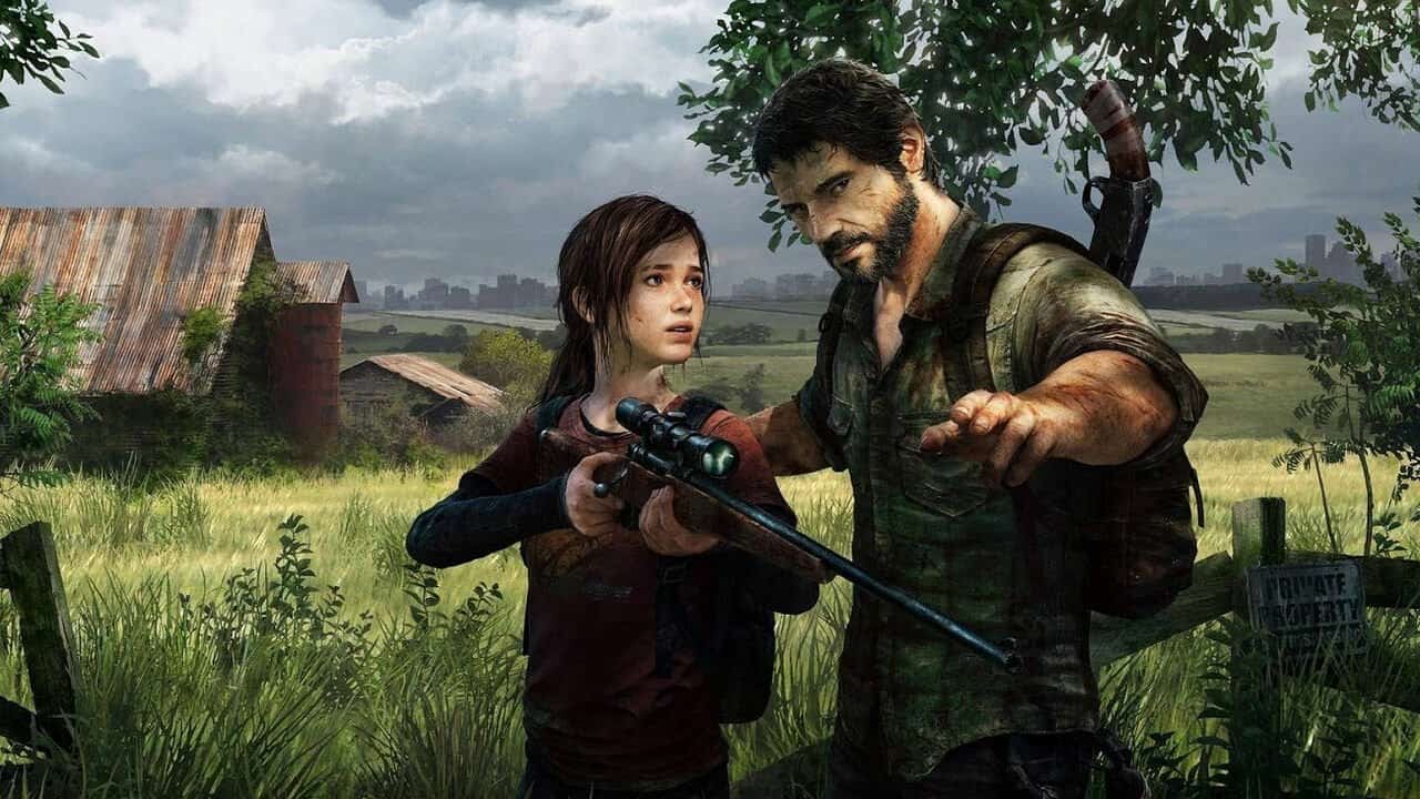 A screenshot of Joel teaching Ellie to use a sniper rifle from The Last of Us game.