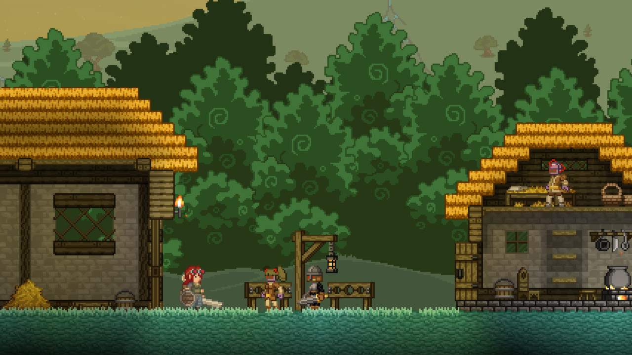 A player character coming across an NPC village in Starbound.