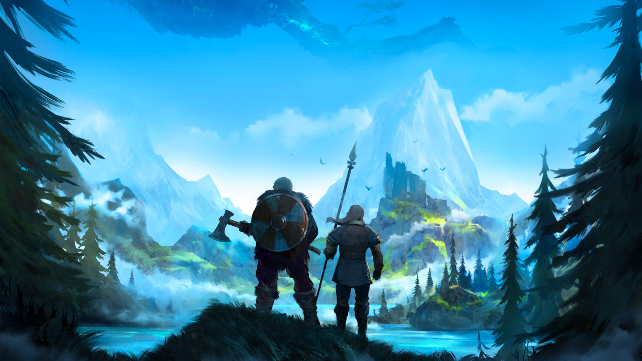 Concept art of two vikings getting ready for adventure in the world of Valheim.