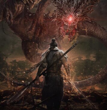 Splash screen of Wo Long: Fallen Dynasty with the main character facing a giant dragon.