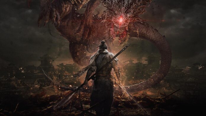 Splash screen of Wo Long: Fallen Dynasty with the main character facing a giant dragon.