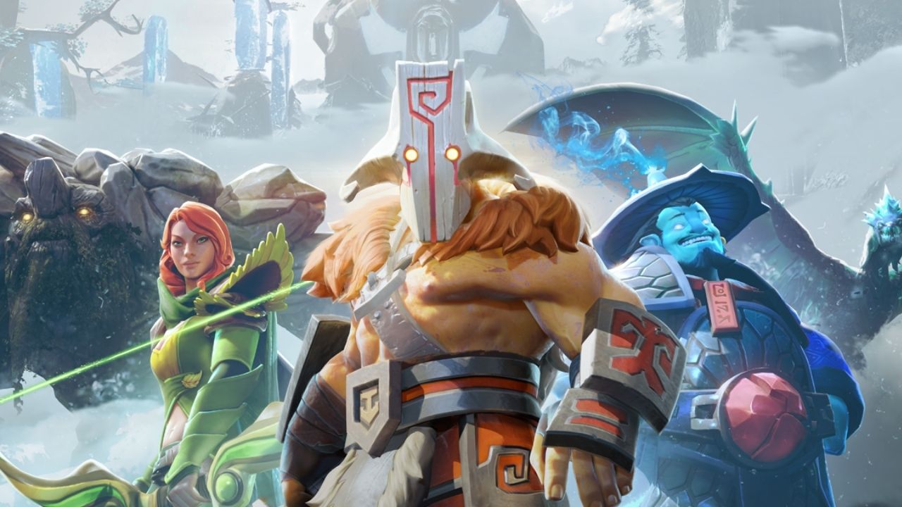 Dota 2 screenshot with a few of it's iconic heroes.