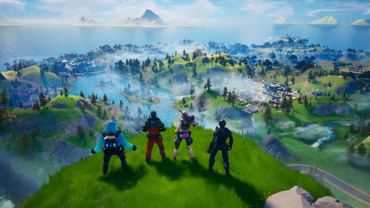 A 4 player team overlooking the map in Fortnite.