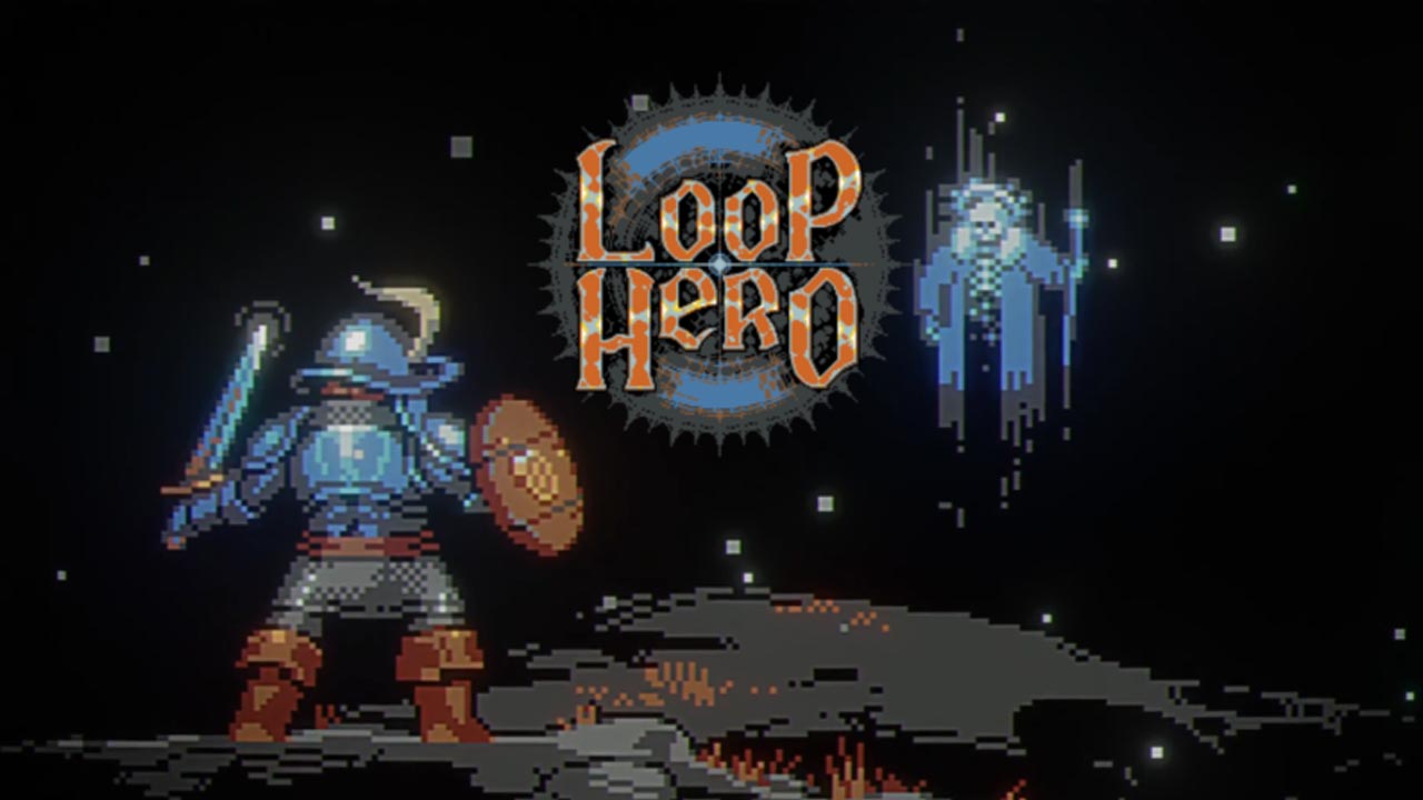 The knight character from Loop Hero facing off with one of the game's bosses.