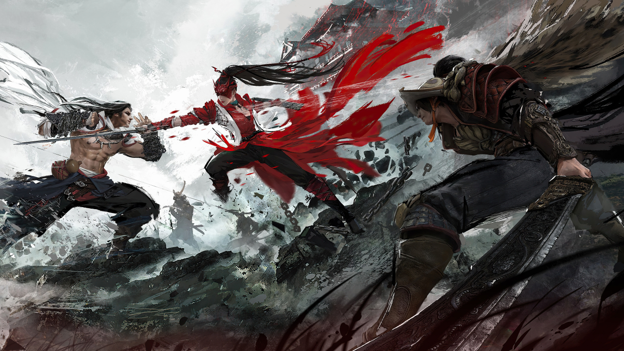 Beautiful art with various characters engaging in melee combat from Naraka Bladepoint.