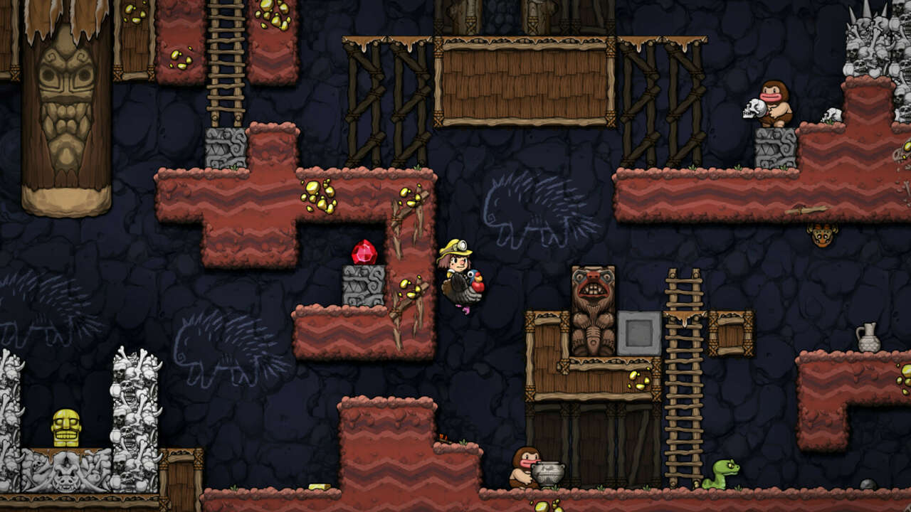 A character trying hard to survive in Spelunky 2.