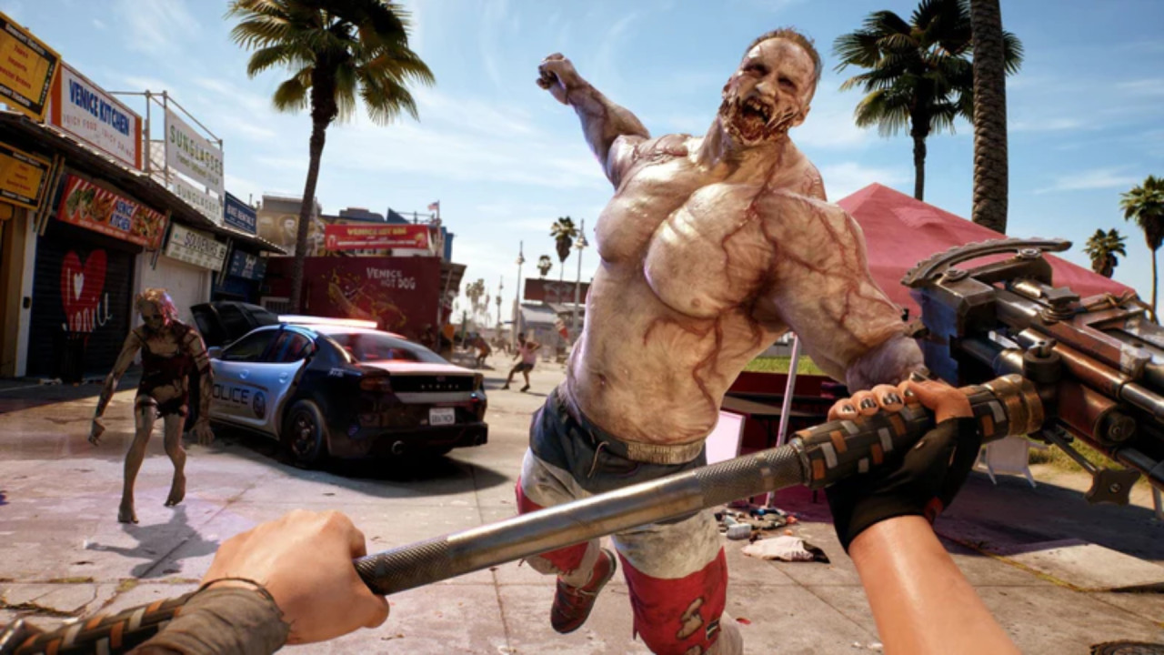 Gameplay screenshot with a huge enemy attacking the player in Dead Island 2.