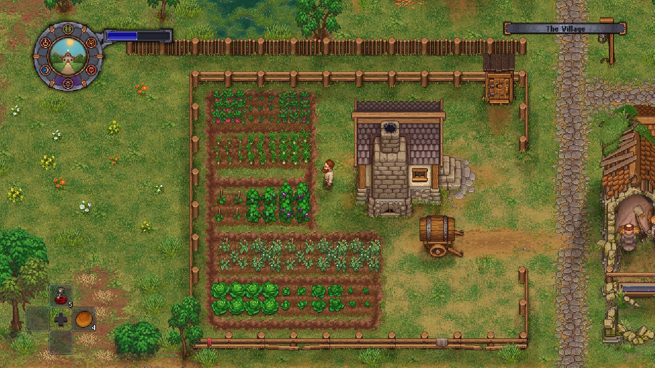 Screenshot of a player taking care of his crops in Graveyard Keeper.