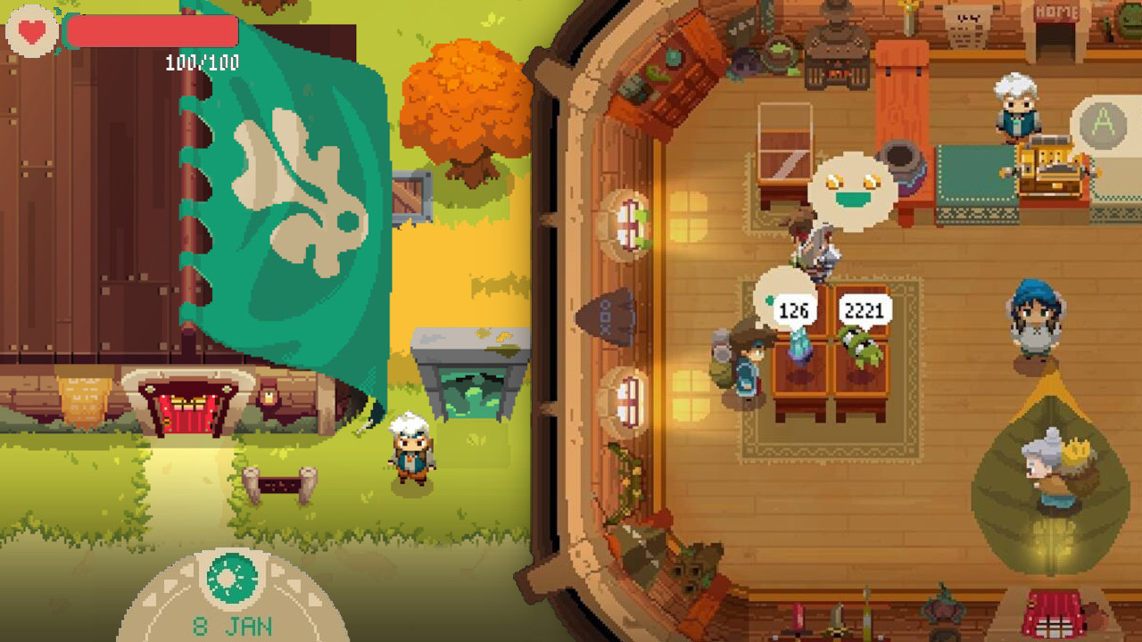 Player returning to his shop after a long day of dungeoneering in Moonlighter.
