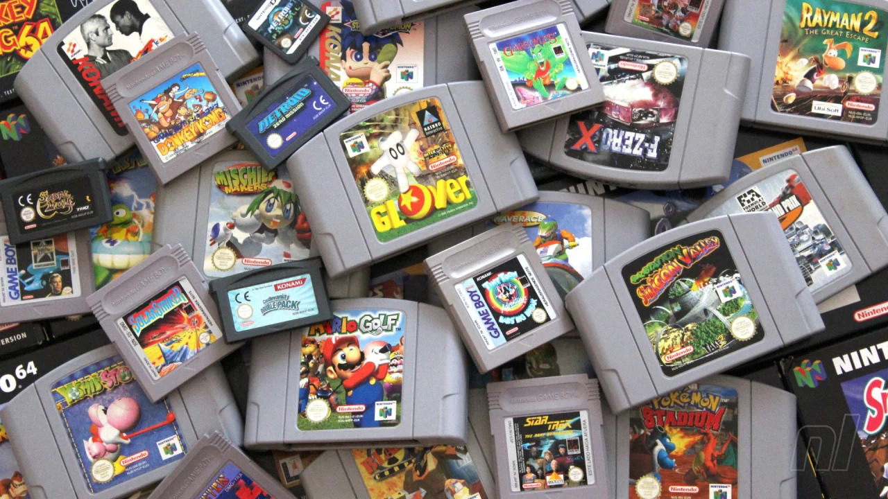 A bunch of Nintendo 64 game cartridges.