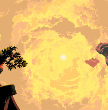 A beautifully drawn landscape from Owlboy.