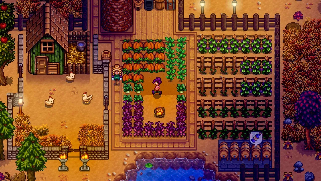 A player taking a stroll through his lovely base in Stardew Valley.