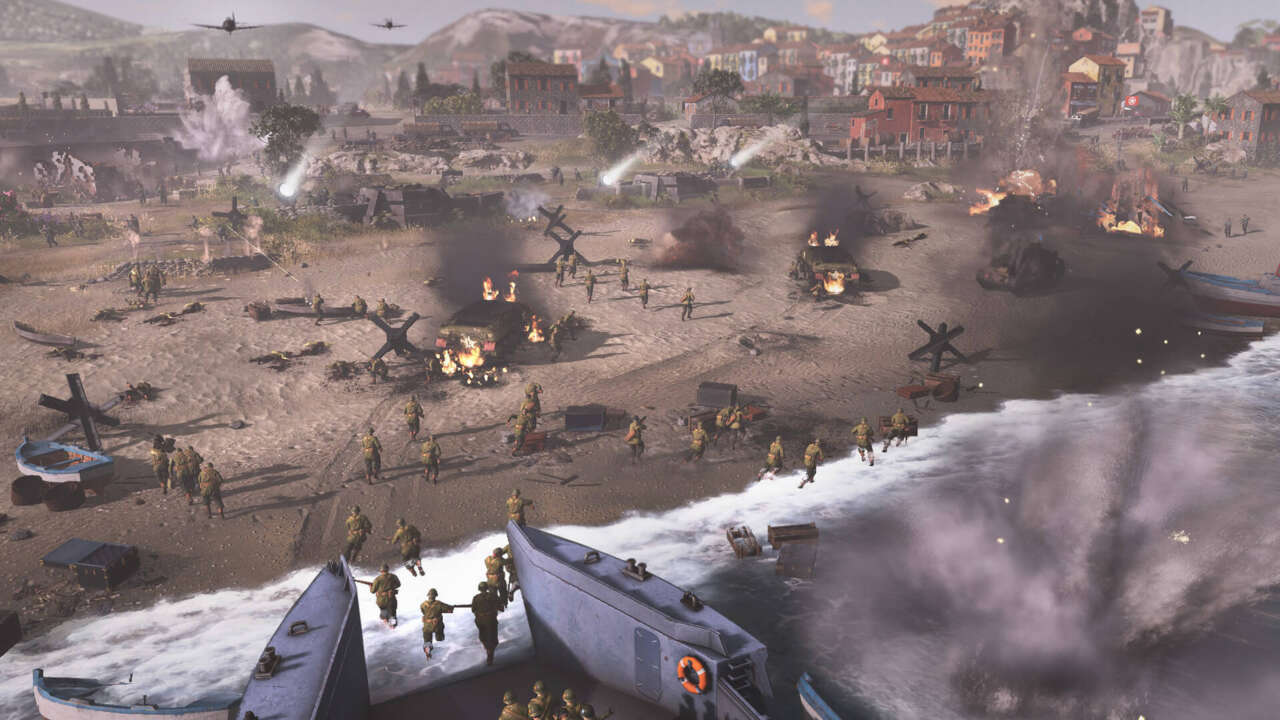 Ingame screenshot of a beach landing in Company of Heroes 3.