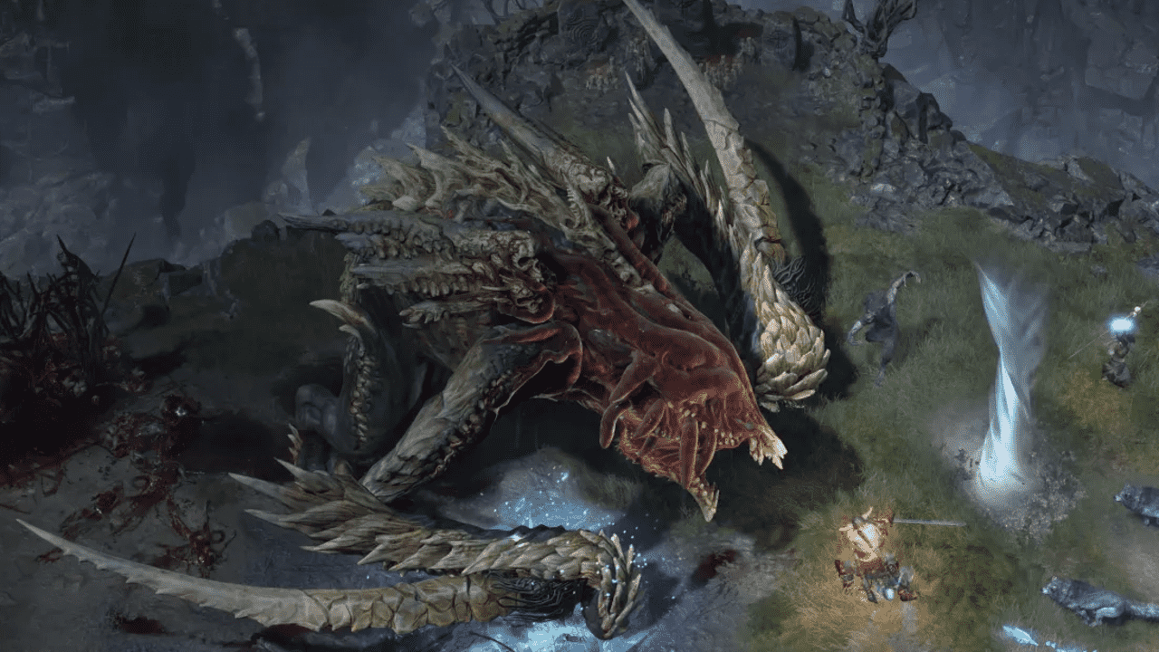 Screenshot of Diablo 4 players engaging one of the game's many bosses.