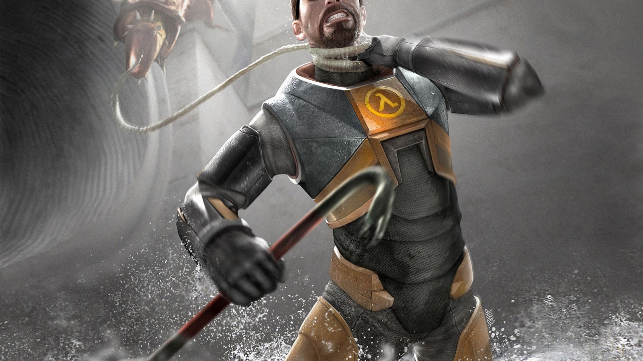 Artwork of Gordon Freeman dealing with an enemy in Half Life 1.