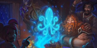 A couple of adventurers gathering around an octopus illusion in Hearthstone.