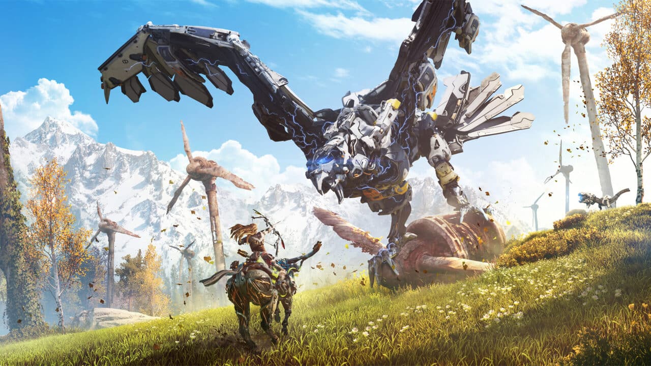 Artwork of Aloy facing off with a robot in Horizon Zero Dawn.