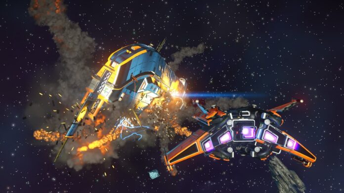 Screenshot of a space battle in No Man's Sky: Interceptor.