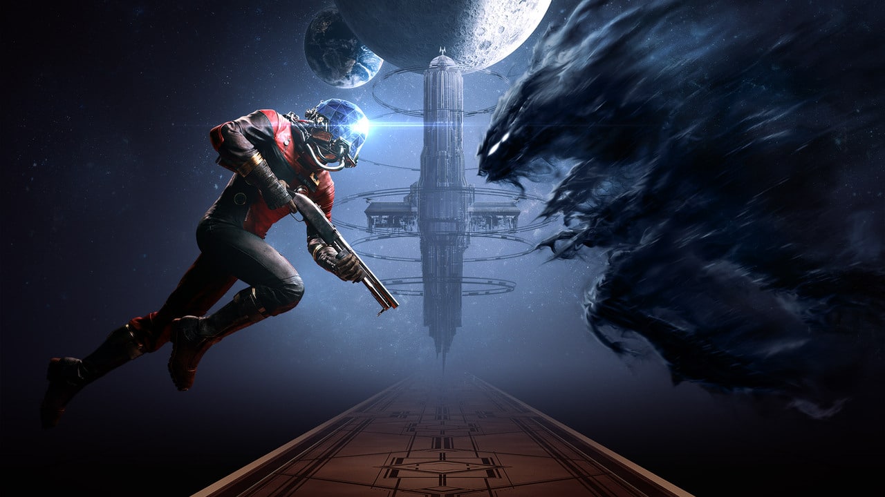 The main character from Prey facing off with a Typhon.