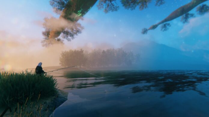 Ingame screenshot from Valheim with a player relaxing with some fishing.