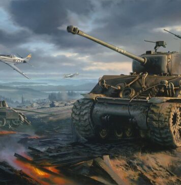 Artwork of a WW2 era tank getting ready for combat.