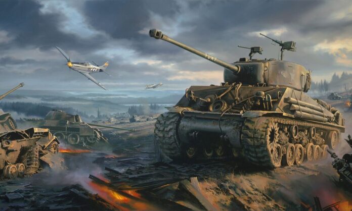 Artwork of a WW2 era tank getting ready for combat.