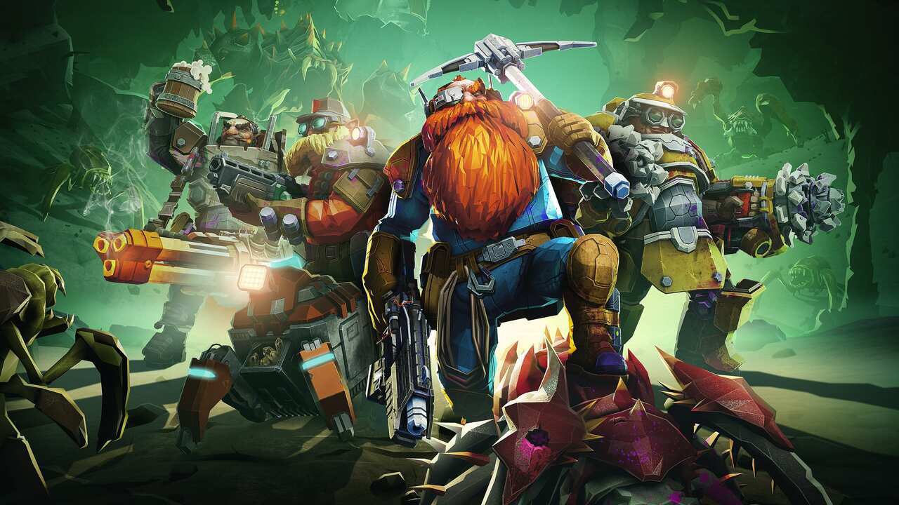 Artwork for Deep Rock Galactic with a party of dwarves posing for the camera.