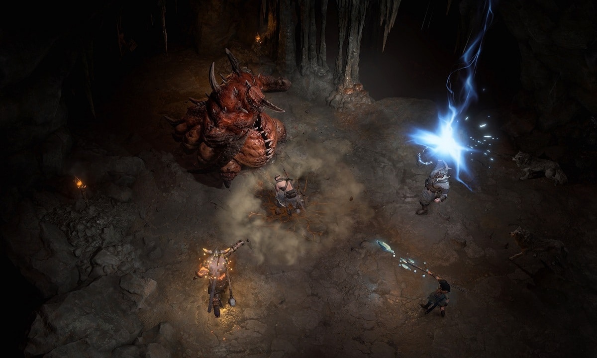 Ingame screenshot of a party of four taking on a boss in Diablo 4.