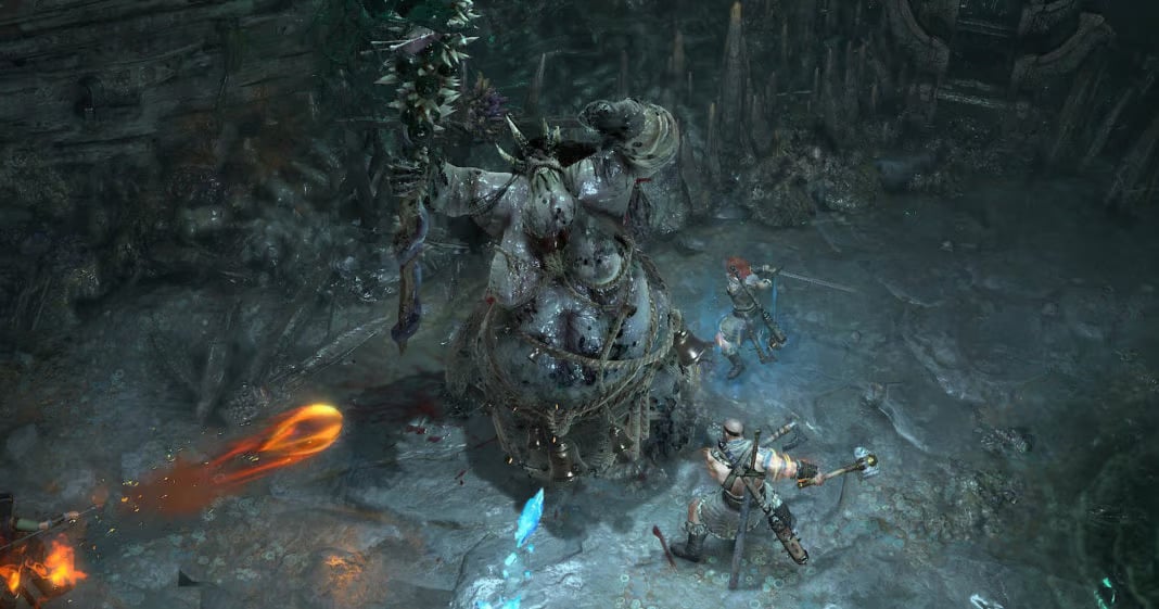 Screenshot of a party of two taking on a boss in Diablo 4.