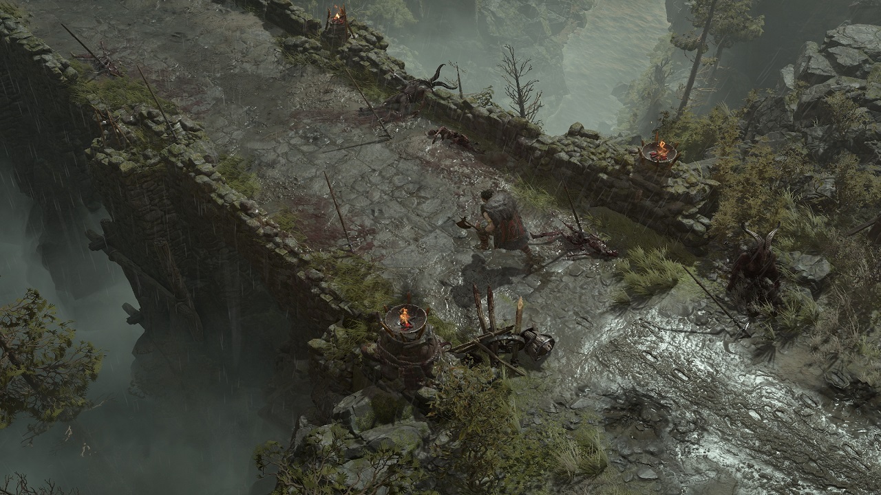 Screenshot of Diablo 4 gameplay with a character crossing a bridge.