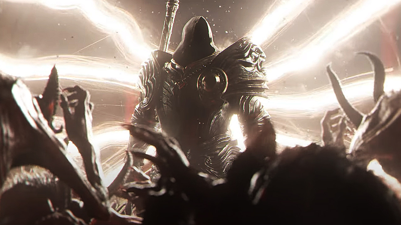 Screenshot from a cinematic showing the return of Tyrael in Diablo 4.