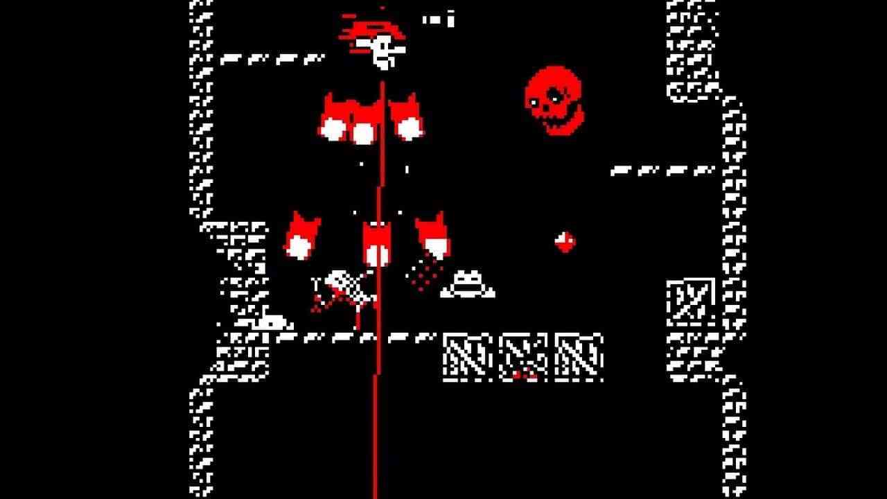 Ingame screenshot from Downwell with a player in a lot of trouble.