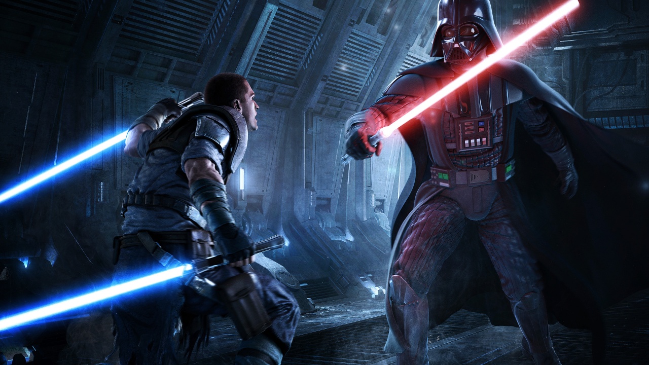 Artwork of Starkiller taking on Darth Vader in Star Wars: The Force Unleashed.