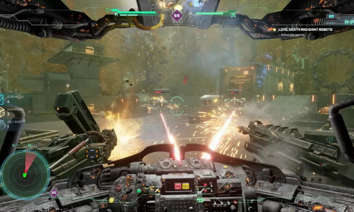 Ingame screenshot from Hawken Reborn with a mech taking on enemies.