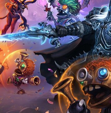 Promotional poster for Hearthstone featuring Arthas dealing with a bunch of Imps.