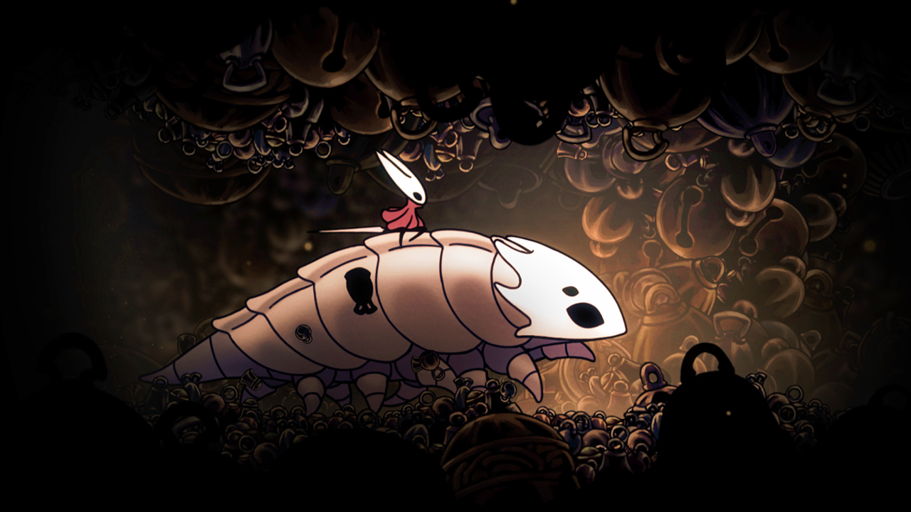 Ingame screenshot from Hollow Knight: Silksong showing Hornet riding another bug.