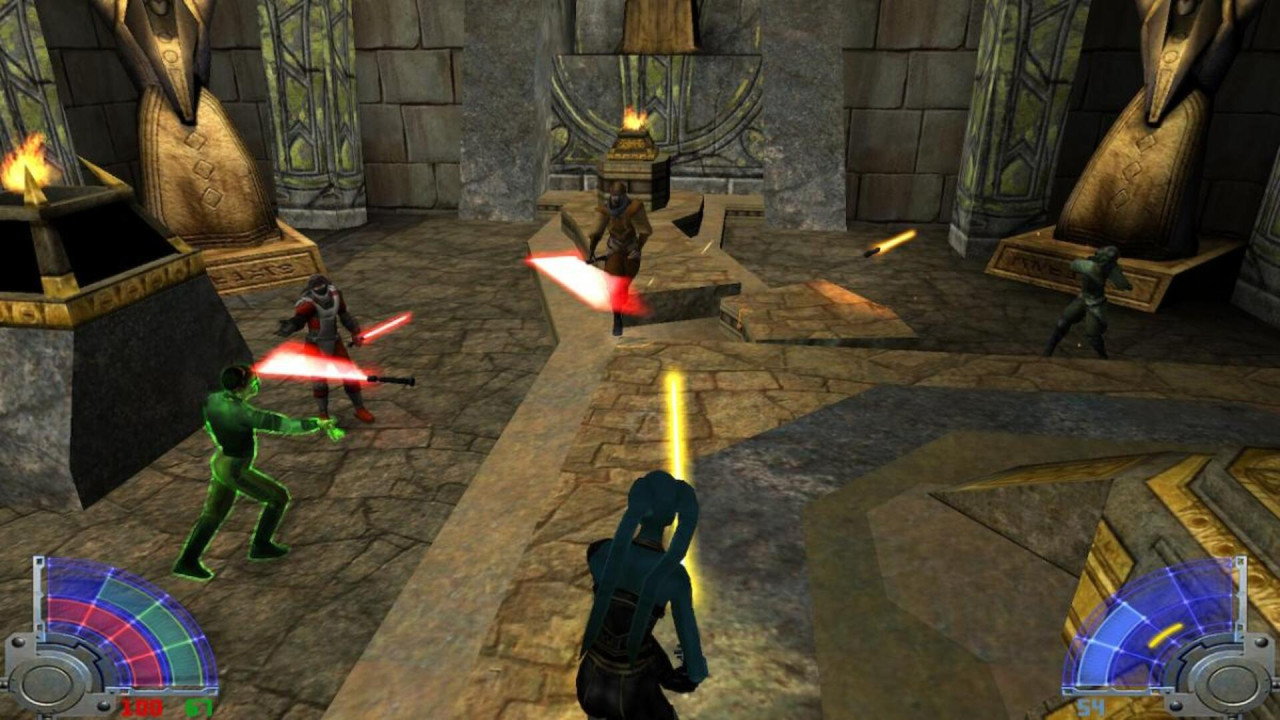 Ingame screenshot from Jedi Knight: Jedi Academy of a multiplayer match.