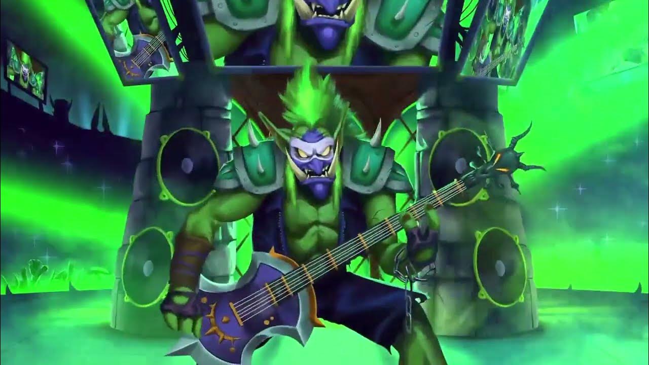 A screenshot from a cinematic showing Rockmaster Voone on a guitar.